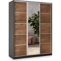 Masseno Schiebetürenschrank NATA 160/205/58 cm Kleiderschrank mit 4 Schubladen Schlafzimmer Schrank 3-türig mit Spiegel Schwarz / Eiche Lefkas