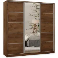 Masseno Schiebetürenschrank PINA 180/205/58 cm Kleiderschrank mit 4 Schubladen Schlafzimmer Schrank 3-türig mit Spiegel Eiche Lefkas