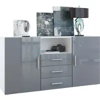 Vladon Sideboard Skadu, Kommode mit 2 Türen, 3 Schubladen und 1 offenem Fach, Weiß matt/Grau Hochglanz (138,5 x 71,5 x 35 cm)