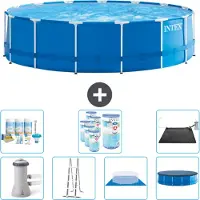 Intex Rundrahmen-Schwimmbecken – 457 x 122 cm – Blau – inklusive Pumpe – Leiter – Bodenplane – Abdeckung Wartungspaket - Filter - Solarmatte