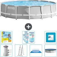 Intex Round Prism Frame Swimming Pool – 427 x 107 cm – Grau – inklusive Pumpe – Leiter – Bodenplane – Abdeckung Wartungspaket - Filter - Bodenfliesen