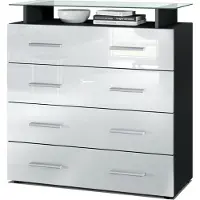 Vladon Sideboard Pavos V2, Kommode mit 4 Schubladen und Glasablage, Schwarz matt/Weiß Hochglanz (76 x 81 x 35 cm)