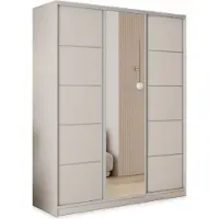 Masseno Schiebetürenschrank PINA 160/205/58 cm Kleiderschrank mit 4 Schubladen Schlafzimmer Schrank 3-türig mit Spiegel Kaschmir