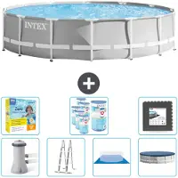 Intex Round Prism Frame Swimming Pool – 427 x 107 cm – Grau – inklusive Pumpe – Leiter – Bodenplane – Abdeckung Wartungspaket - Filter - Bodenfliesen