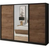 Masseno Schiebetürenschrank SORE 270/205/58 cm Kleiderschrank mit 4 Schubladen Schlafzimmer Schrank 3-türig mit Spiegel Schwarz / Eiche Lefkas