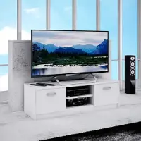 Matkam Fernsehkommode 2DC H36xB120xT41 cm, laminierte Möbelplatte 16 mm, zwei Ablagen mit Türen links und rechts, in der Mitte ein Regalfach (Weiß)