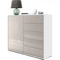 Vladon Sideboard Ben V2, Germany, Kommode mit 1 Tür und 5 Schubladen, Weiß matt/Sandgrau Hochglanz (79 x 74 x 36 cm)