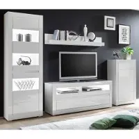 IMV Wohnwand "Nobile" in weiß Hochglanz und Stone Design grau Anbauwand 4-teilig 302 x 198 cm