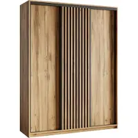 Masseno Schiebetürenschrank VONTE 150/205/60 cm Kleiderschrank mit Lamellen und Schubladen Schlafzimmer Schrank 3-türig Eiche Wotan + Schwarz