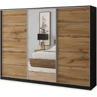 Masseno Schiebetürenschrank NATA 270/205/58 cm Kleiderschrank mit 4 Schubladen Schlafzimmer Schrank 3-türig mit Spiegel Schwarz / Eiche Wotan