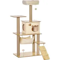 vidaXL Sunvello Kratzbaum Katzenbaum für Katzen Kletterbaum aus Holz mit Katzenhöhle Jutestämmen großer Plattform Spielbälle 130 cm Höhe stabil Plüsch Gelb 60 x 40 x 130 cm