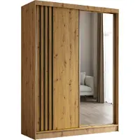 Masseno Schiebetürenschrank NELVIA 160 cm Kleiderschrank Schlafzimmer Schrank 2-türig mit Spiegel und Lamellen Eiche Artisan