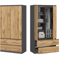BDW , Monia Kleiderschrank, mit 2 Schubladen, Anthrazit / Wotan Eiche, 50Tx90Bx180H cm (2 Schubladen)