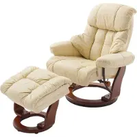 Möbelando Relaxsessel >Carl I< mit Hocker, bis 130 kg belastbar, drehbarer Fernsehsessel mit Liegefunktion, Echtleder creme, Gestell Holz walnuss