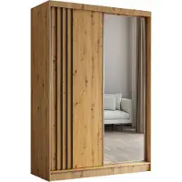 Masseno Schiebetürenschrank NELVIA 150 cm Kleiderschrank Schlafzimmer Schrank 2-türig mit Spiegel und Lamellen Eiche Artisan