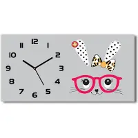 Tulup Wanduhr aus Glas – 60x30 cm - Glasbild - Glasuhr - Gehärtetes Glas - schwarze-zeiger - Kaninchen mit Brille