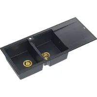 Quadron Spülbecken 2-Becken Spüle | Größe: 116 x 50 x 21 cm | EVAN 121 | Küchenspüle Granitspüle aus GraniteQ mit Siphon | Schwarz & Golden