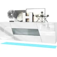 Vladon Sideboard Houston, Germany, hängende Kommode mit 2 Türen & 3 Schubladen, Weiß matt, Weiß Hochglanz, mittlere Schublade Grau Hochglanz, inkl. LED-Beleuchtung (178 x 57,5 x 38,5 cm)