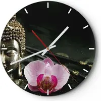 ARTTOR Wanduhr - Rund - Glasuhr - Buddha Blume Stöcke - 30x30cm - Schleichendes Uhrwerk - Lautlos - zum Aufhängen bereit - Dekoration Modern - Wanddekoration aus Glas - C3AR30x30-0145