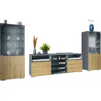Vladon Wohnwand Granada, Anbauwand bestehend aus 2 Vitrinen und 1 TV-Board, Anthrazit matt/Eiche Natur (286 x 122,5 x 35 cm)