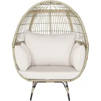 Goplus Korbsessel mit Kissen, Gartensessel mit Metallgestell, Rattansessel in Eiform für Wohnzimmer, Garten, max. 205 kg belastbar