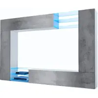 Vladon Wohnwand Mirage, Germany, Anbauwand mit Rückwand mit 2 Türen, 2 Klappen und 6 offenen Glasablagen, Weiß matt/Beton Dunkel Optik, inkl. LED-Beleuchtung (262 x 183 x 39 cm)