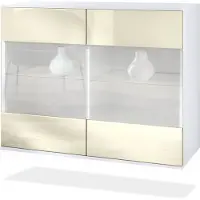 Vladon Kommode Bari V3, Moderner Küchenschrank mit 2 großen Glastüren inkl. RGB Beleuchtung Weiß matt / Creme Hochglanz (92,5 x 73.5 x 35)