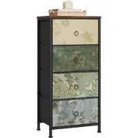 Woltu Kommode mit 4 Schubladen aus Stoff, Sideboard, Metallrahmen, Vintage-Blumenmotiv