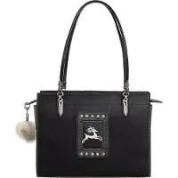 Sima Trachtentasche aus Leder mit Hirschmotiv und Kunstfellanhänger, Schwarz/Braun