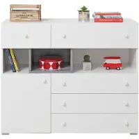 Masseno Kommode GALIA 110 cm Sideboard mit 5 Schubladen und 1 Türen für Wohnzimmer Schlafzimmer Modern 110x40x90 cm Weiß / Weiß