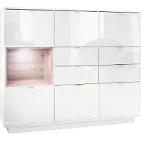 Vladon Highboard Sideboard Metro V2, Germany, Korpus in Weiß Hochglanz / Fronten in Weiß Hochglanz mit Einsatz in Eiche Nordic, inkl. LED Beleuchtung