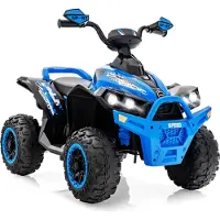 Goplus 12V Elektrische Kinderquad, Kinderfahrzeug mit LED-Scheinwerfern, Musik & Hupe, Elektroauto mit 4 rutschfeste Räder & langsamer Start (Blau)