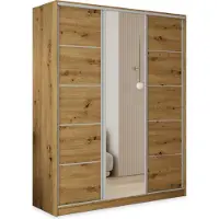 Masseno Schiebetürenschrank PINA 160/205/58 cm Kleiderschrank mit 4 Schubladen Schlafzimmer Schrank 3-türig mit Spiegel Eiche Artisan