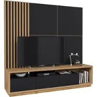 Lomadox Wohnwand braun & schwarz CONWY-83 Modern in schwarz matt mit Eiche Nb., 3-teilig
