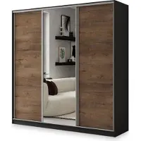 Masseno Schiebetürenschrank SORE 180/205/58 cm Kleiderschrank mit 4 Schubladen Schlafzimmer Schrank 3-türig mit Spiegel Schwarz / Eiche Lefkas