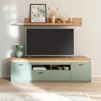 Lomadox Wohnwand in Grün mit Eiche modern 195 cm mit Fernsehschrank, Wandregal, LED-Akzentbeleuchtung - MOSTAR-05