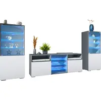 Vladon Wohnwand Granada, Anbauwand bestehend aus 2 Vitrinen und 1 TV-Board, Anthrazit matt/Weiß matt inkl. LED-Beleuchtung (286 x 122,5 x 35 cm)