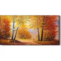 Coloray Wohnzimmer-Bild Leinwand Uhr Geräuschlos 60x30 Gemälde Wald Bäume Herbst Natur - weiße Hände