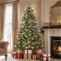 BALCONERA 228cm Künstlicher Weihnachtsbaum, Vorgeschmückt mit Schnee & 550 LED Beleuchtung, 82 Kiefernzapfen, 82 Beeren, ca. 1398 Spitzen, Tannenbaum mit Klappsystem & Metallständer, 228 x 135cm