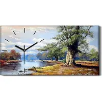 Coloray Wanduhr Bürouhr Leinwand Bild 60x30 Gemälde Fluss Wald Bäume Landschaft Wolken - schwarze Hände