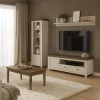 Lomadox Wohnwand Set in Beige & Eiche im modernen Landhausstil – 4-teilig mit Highboard, Vitrine, Lowboard, Wandregal und Couchtisch – EPSOM-83