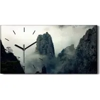 Coloray Wohnzimmer-Bild Leinwand Uhr 60x30 Malerei Berge Nebel Bäume Wolken Kunst - schwarze Hände