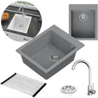 WAGRAN GranMaster Granitspüle Titanfarbe Set mit Stahlbatterie mit U-förmigem Auslauf, ausrollbare Abtropfmatte und Platzsparender Siphon mit Überlauf