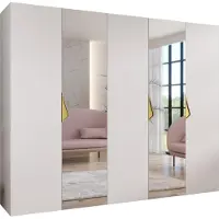 MEBLE KRYSPOL Schrank 250x202x52 cm mit Kleiderstange & Spiegel, 5xTür, SANDI, Weiß, Griff Gold