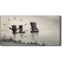 Coloray Wandkunst Leinwand Bild Uhr 60x30 Gemälde Asiatische See Schiffe Wasser Himmel - schwarze Hände