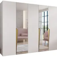 MEBLE KRYSPOL Schrank 250x202x52 cm mit Kleiderstange & Spiegel, 5xTür, PIANO, Weiß, Griff Gold