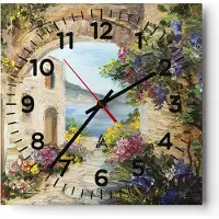 ARTTOR Wanduhr - Quadrat - Glasuhr - Haus Santorini Blumen - 30x30cm - Schleichendes Uhrwerk - Lautlos - zum Aufhängen bereit - Dekoration Modern - Wanddekoration aus Glas - C4AC30x30-4191