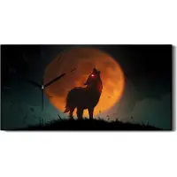 Coloray Wanduhr Bürouhr Leinwand Bild 60x30 Gemälde Tier Wolf Mond Himmel Wolken Kunst - schwarze Hände