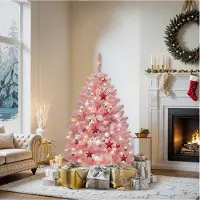 BALCONERA 1,37 m hoher, rosa beflockter Weihnachtsbaum, beleuchtet, rosa Fichte mit 400 beflockten PVC-Spitzen und 200 warmweißen Lichtern zur Dekoration Ihres