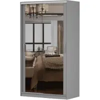 Imoebel 24 Schwebetürenschrank TOKYO M, Schlafzimmer Kleiderschrank Schrank 120 cm Grau/Grau mit Spiegel, alufarbene PVC-Griffe